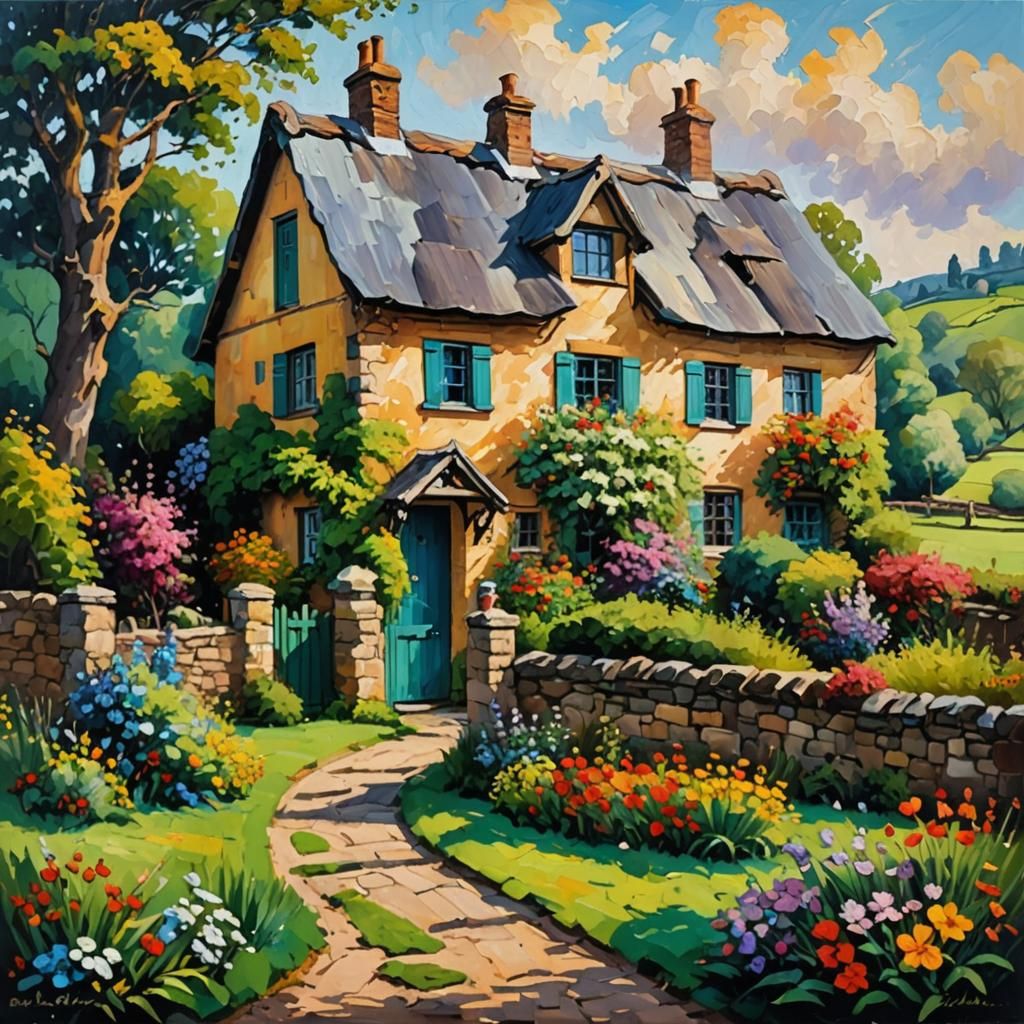 Old English Cottage in Expressionist Impasto Style