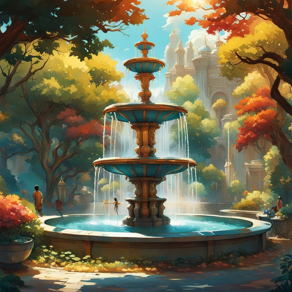 Hyperrealistic Water Fountain in Anime Style