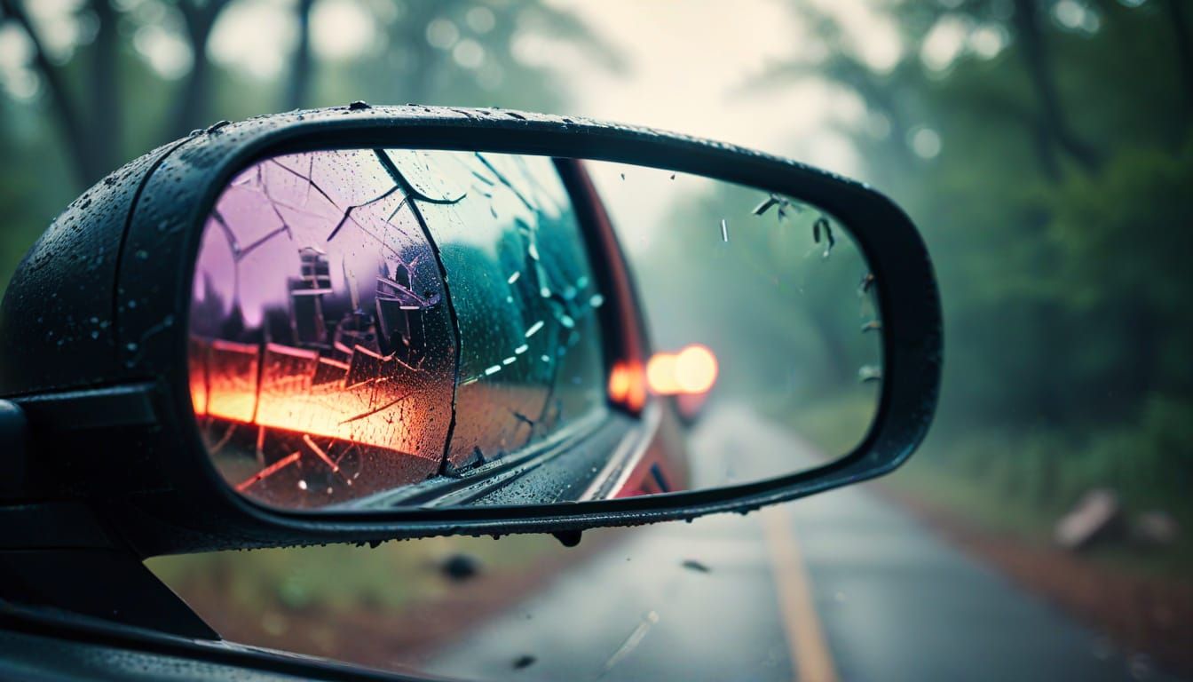 Shattered Rear View Mirror in Neon Haze