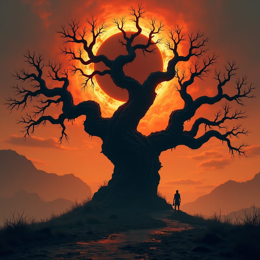 Gnarled Black Tree with Black Sun in Gloomy Landscape
