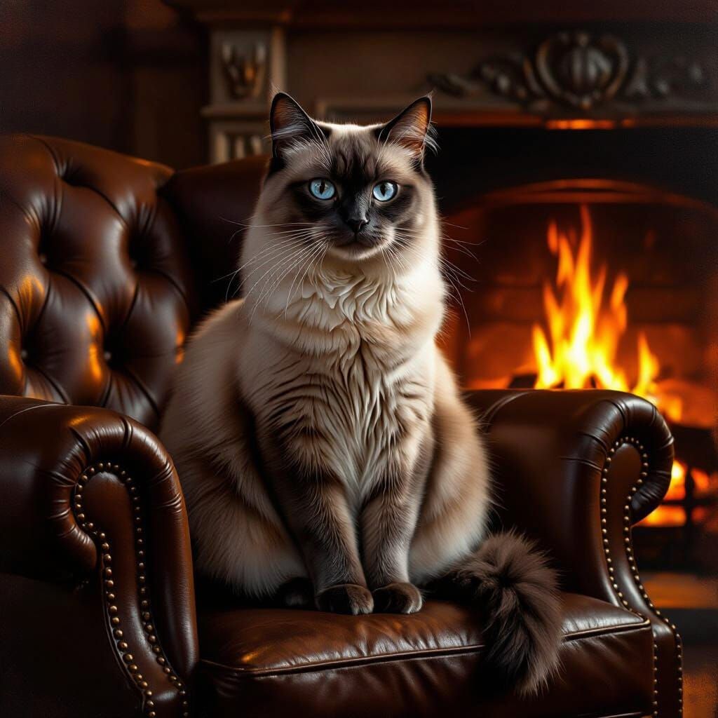 Majestic Siamese Cat on Leather Chair by Fireplace
