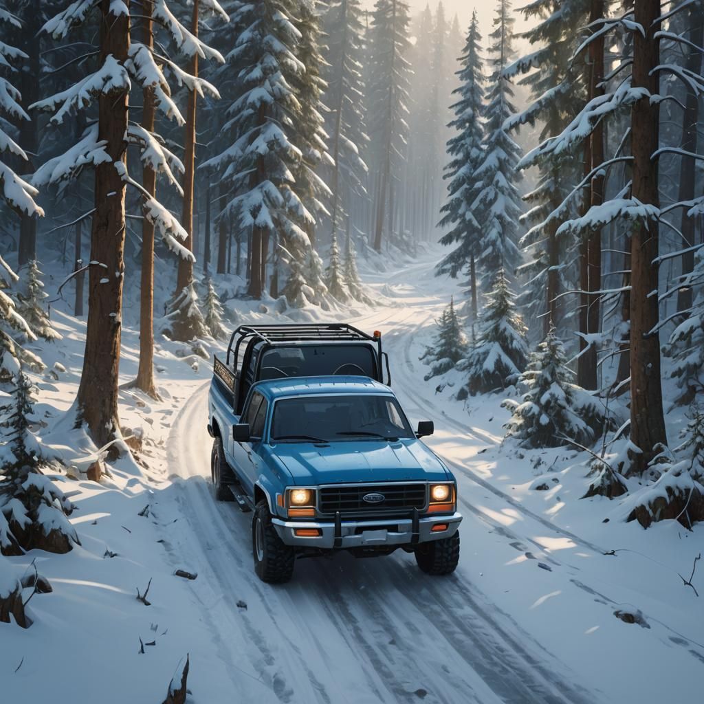 Blue Pickup Truck in Winter Forest, Digital Art