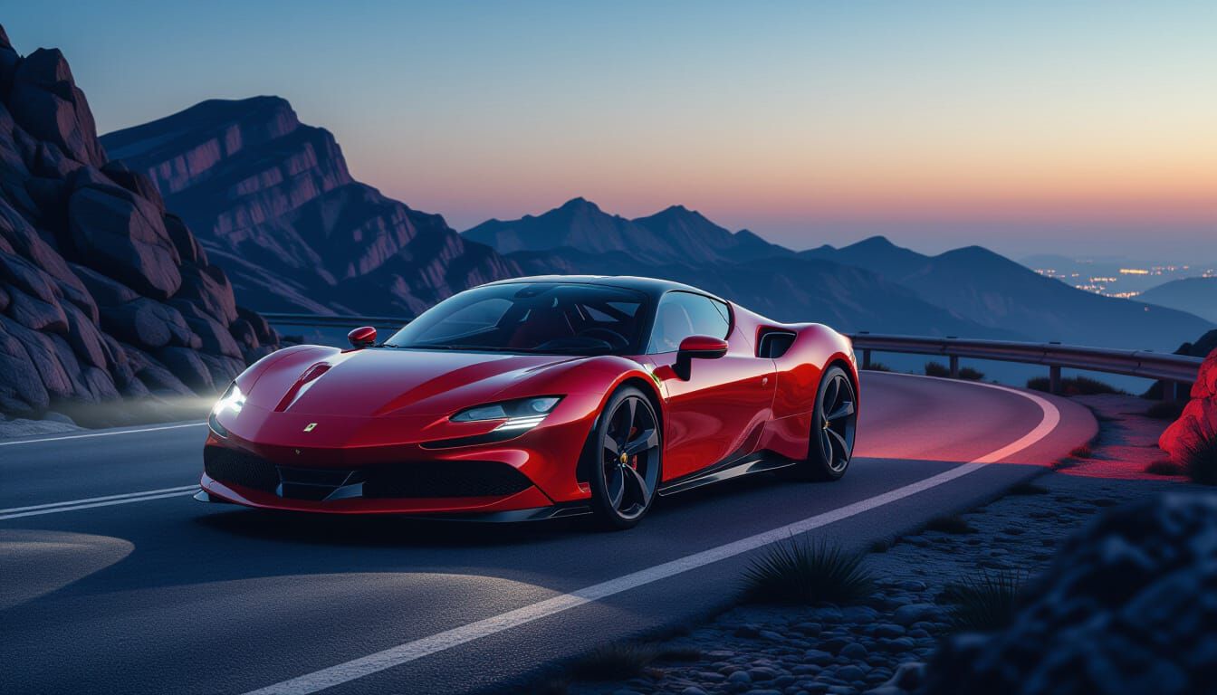 Elegant Red Ferrari on Windswept Mountain Road