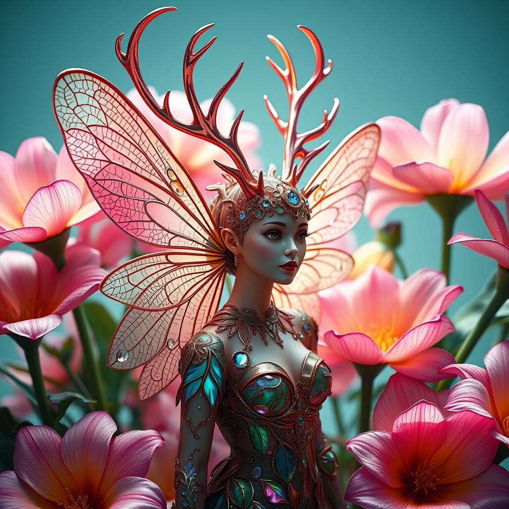 Glass Fairy Woman with Antlers in Pastel Flowers