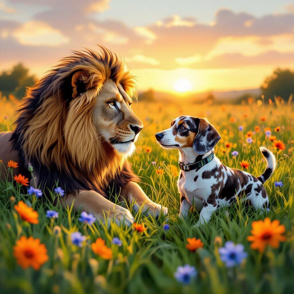 Lion and Dachshund Playing in Wildflower Field