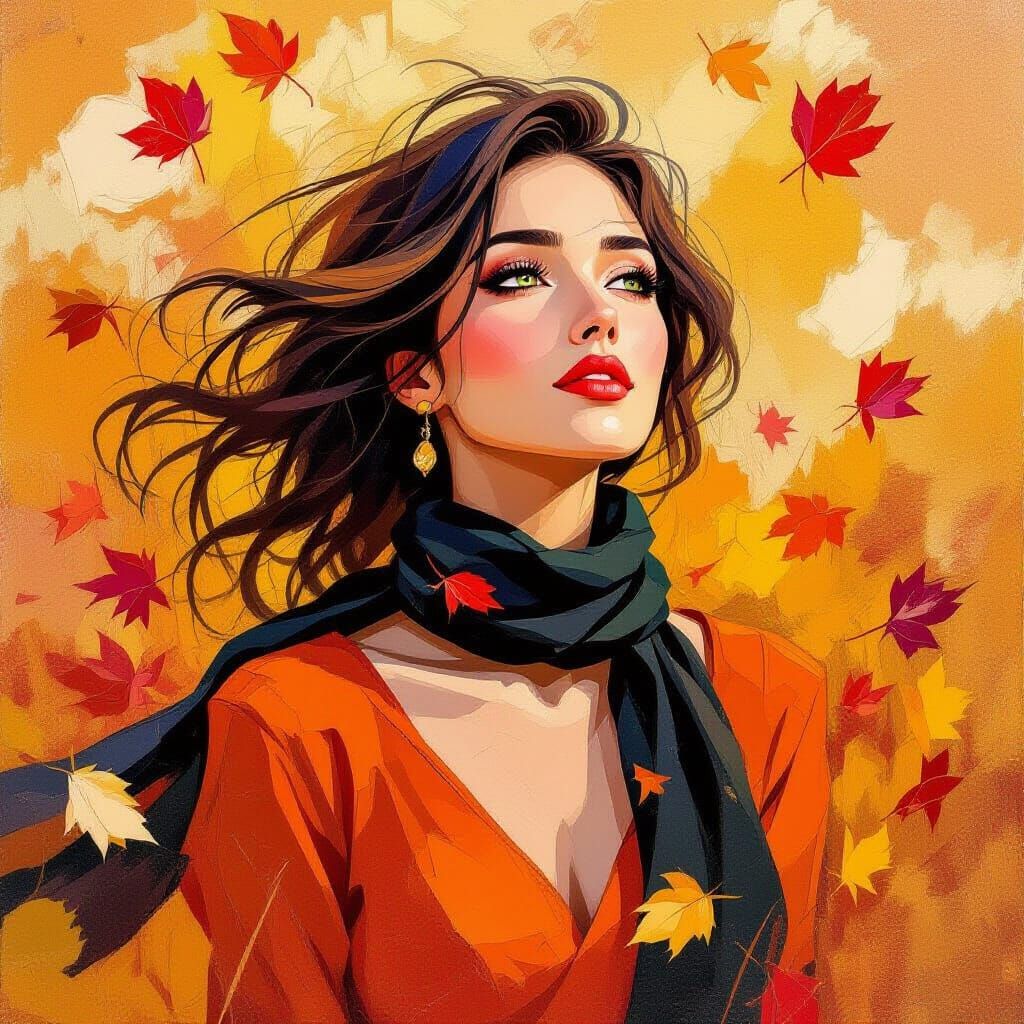 Woman in Orange Dress Amidst Falling Autumn Leaves