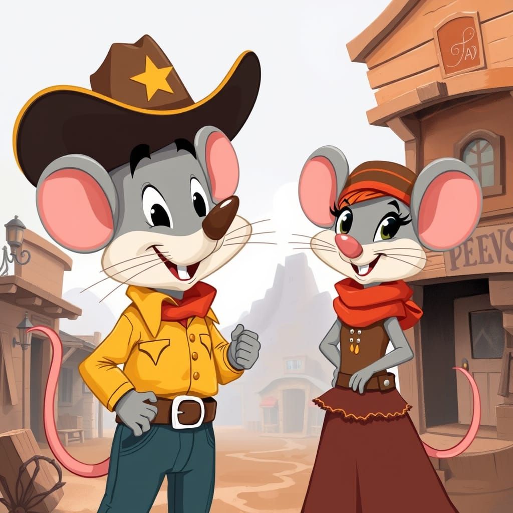 Western Cartoon Mouse Sheriff and Saloon Girl