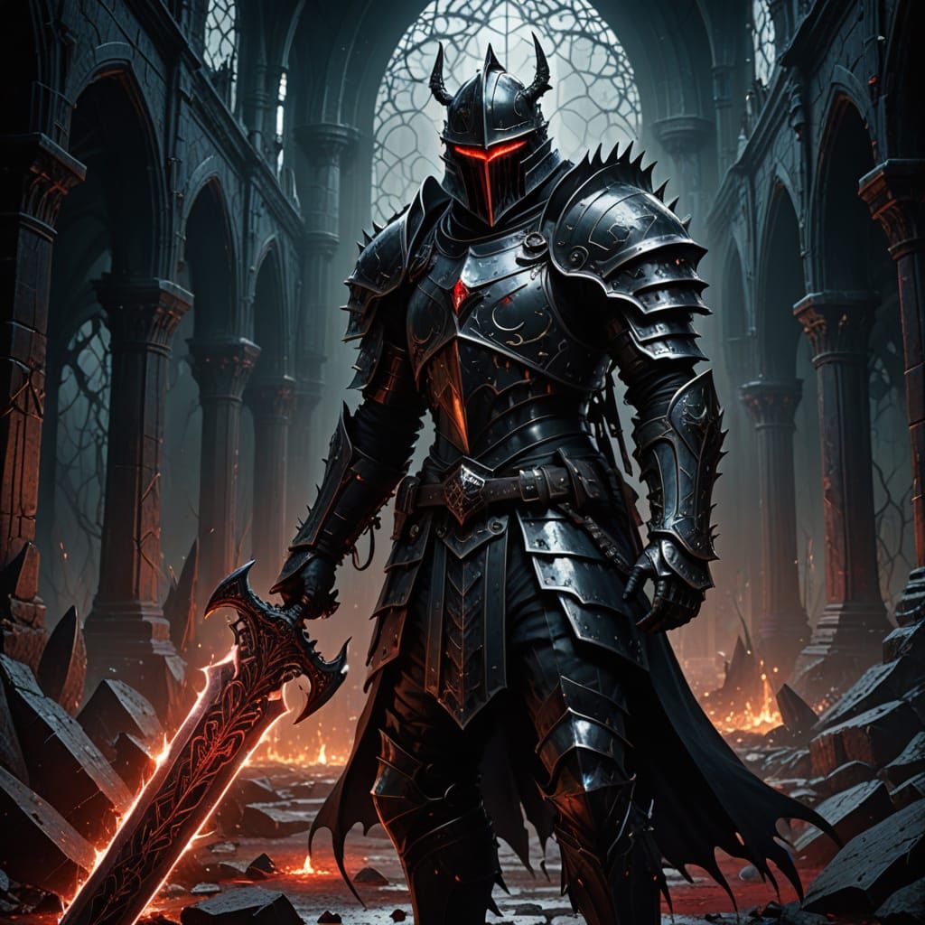 Gothic Knight Wields Serrated Steel in Dark Fantasy Realm
