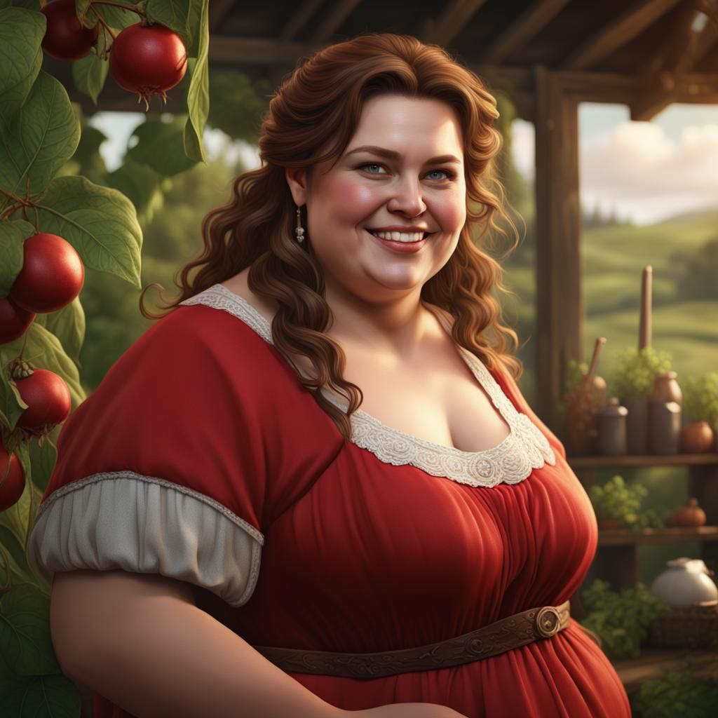 Smiling Farm Woman in Red Dress: Detailed Digital Art