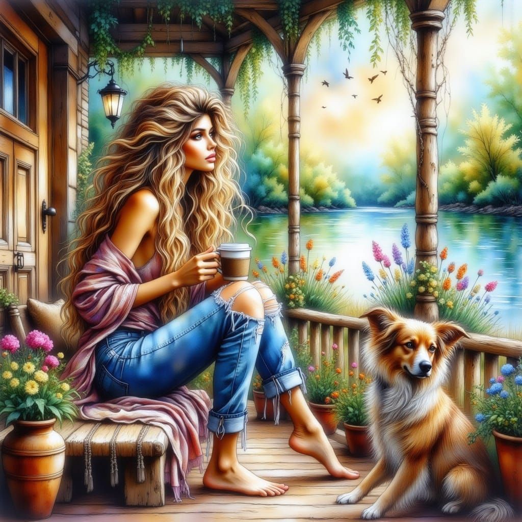 Lakeside Morning: A Watercolor Painting of a Woman with Dog