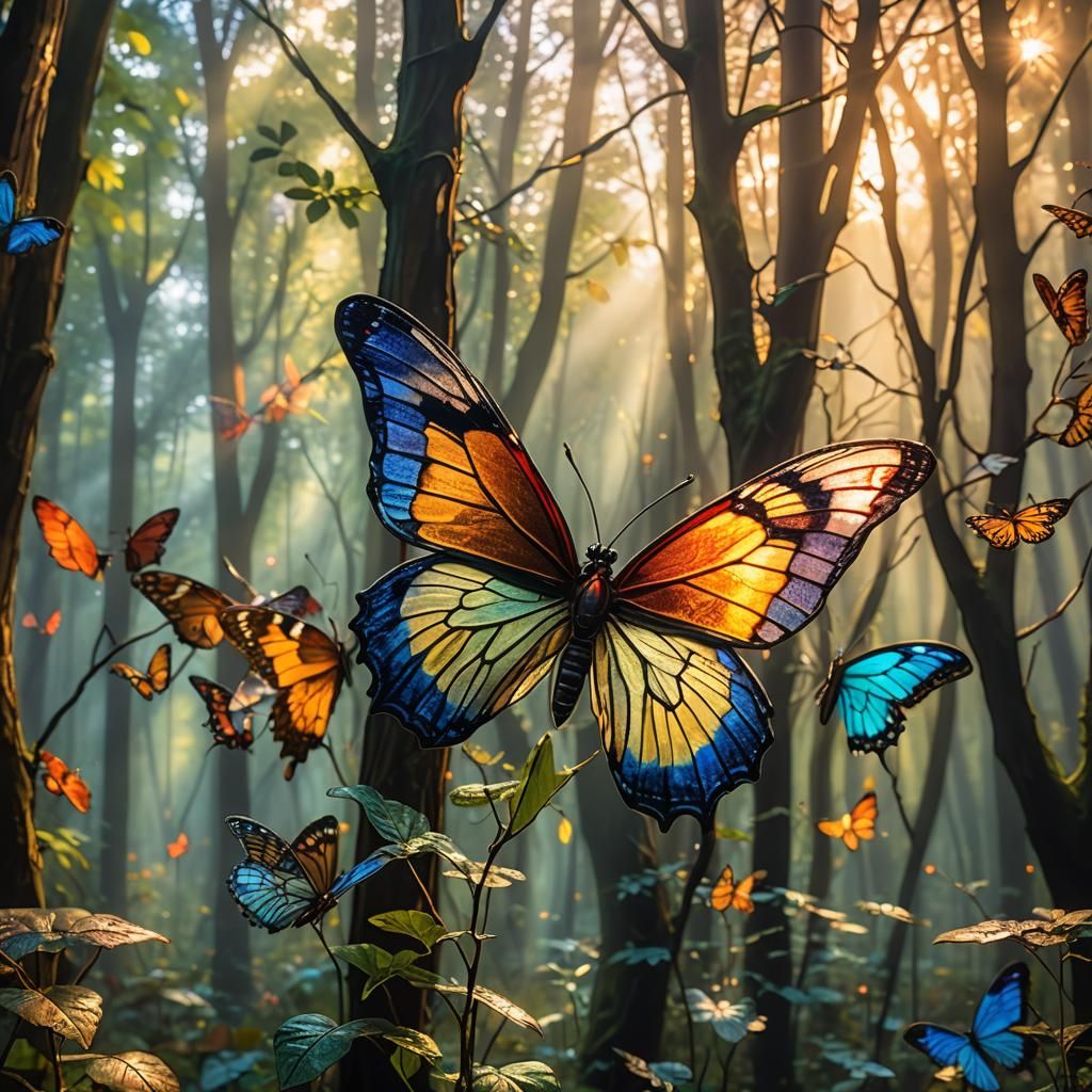 Stained Glass Sunrise: Butterflies in Misty Forest