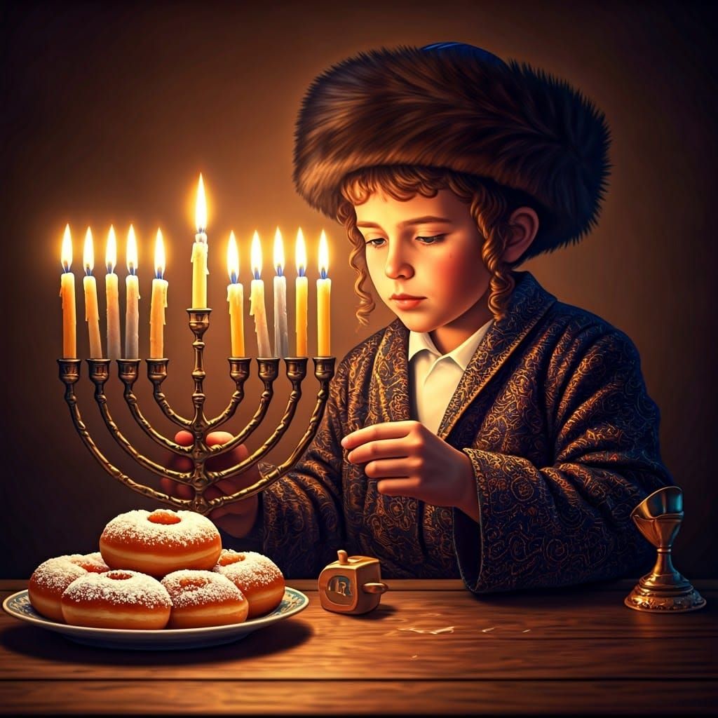 Traditional Chassidic Boy Lights Hanukkah Menorah with Delig...