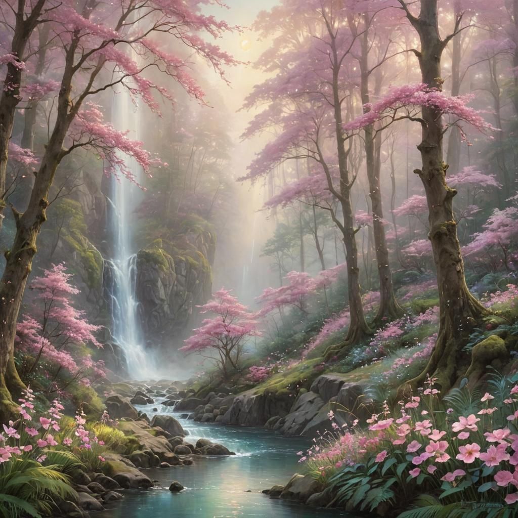 Mystical Forest Waterfall with Iridescent Flowers