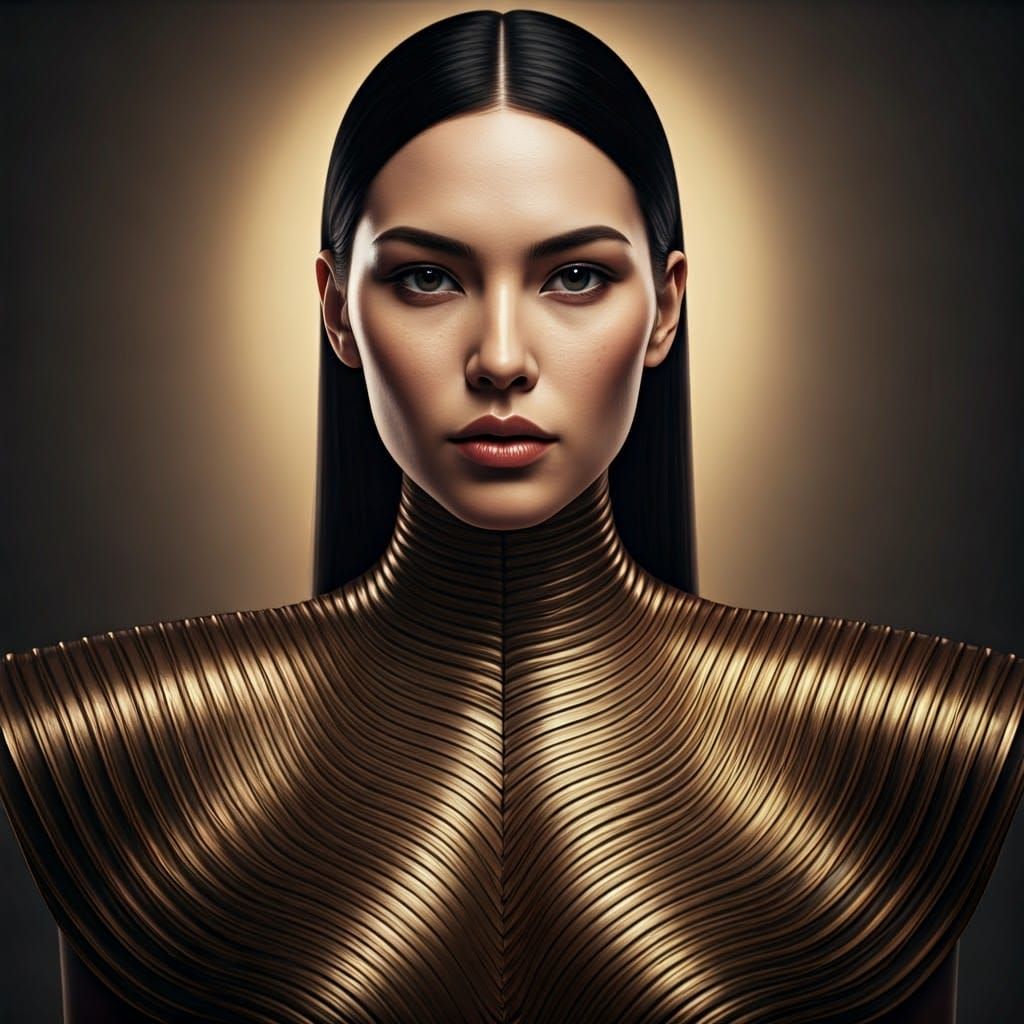 Elegant Woman in Metallic Gown: Photorealistic Portrait