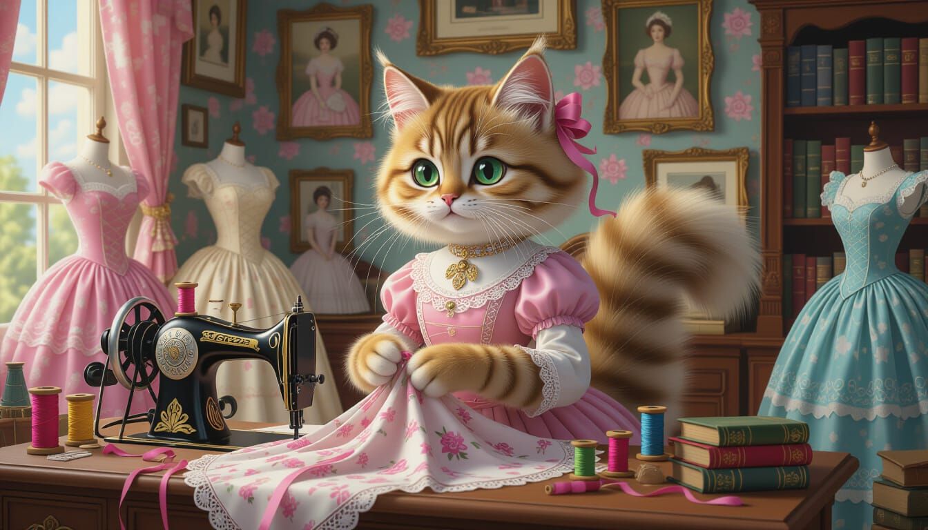 Victorian Cat Seamstress in Antique Boutique