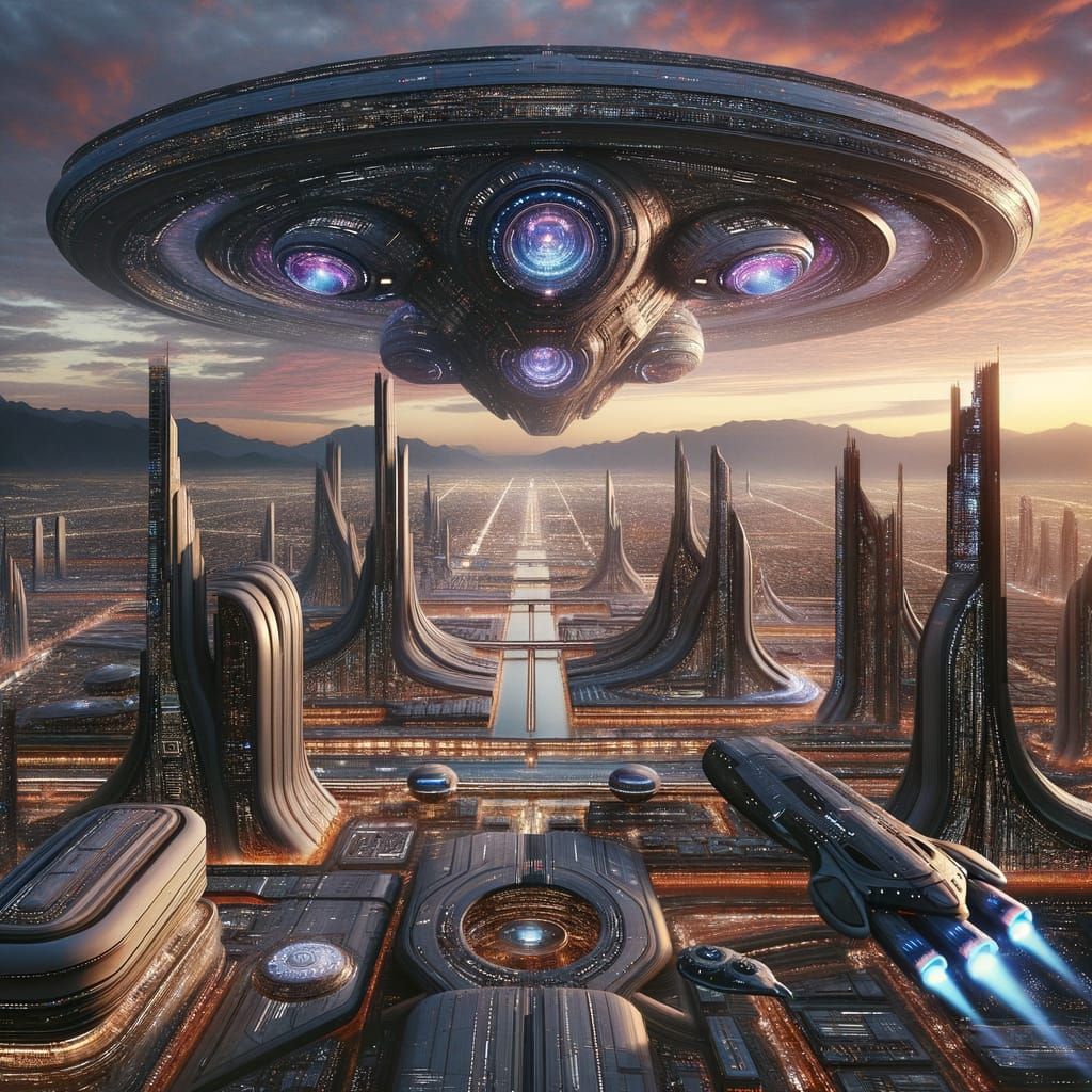 Colossal Starship Over Future Metropolis