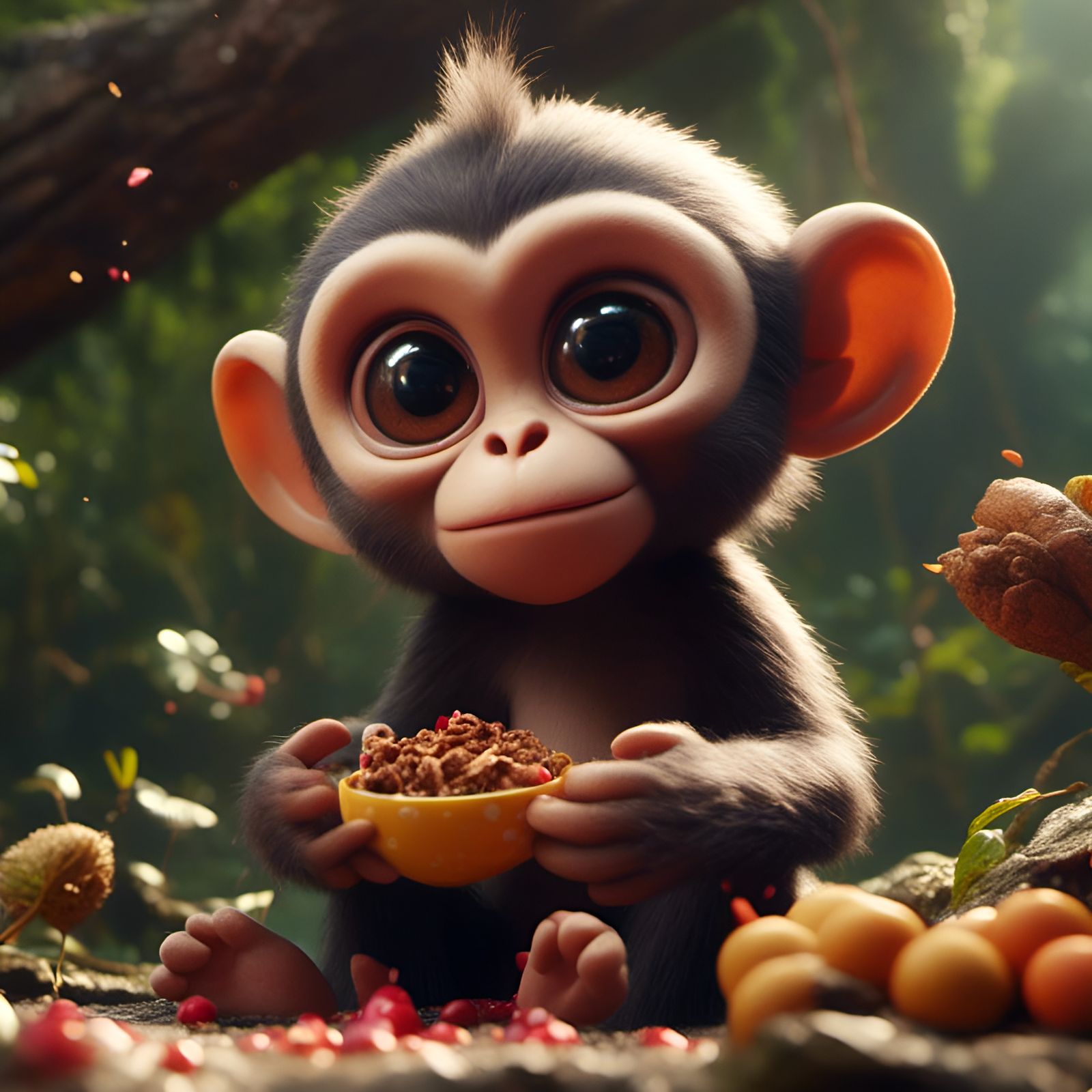 Baby Monkey Eating Walnut: Detailed Fantasy Art