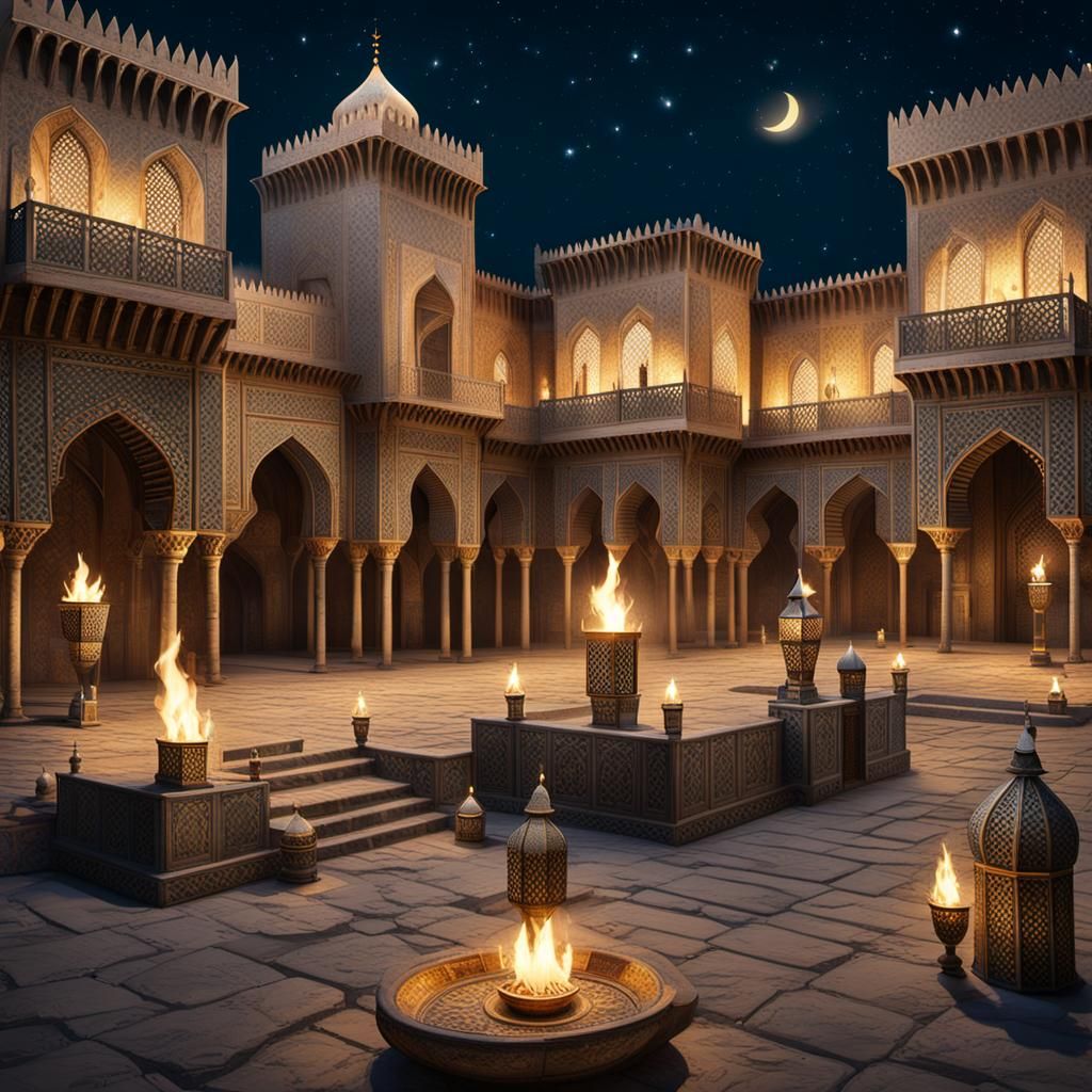 Opulent Arab Palace at Night with Torches
