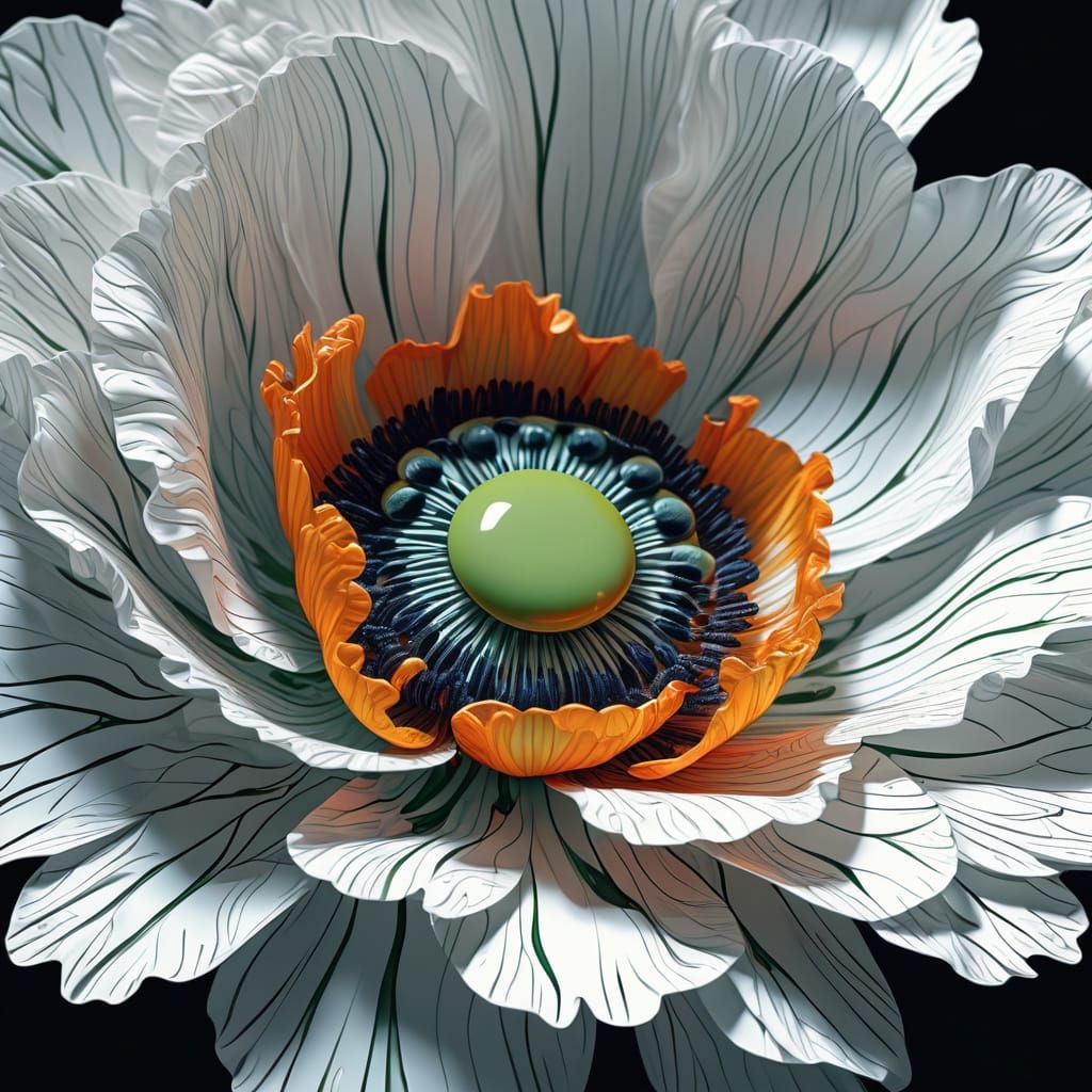 Giant White Poppy with Glassy Eye in Hyperrealistic Style