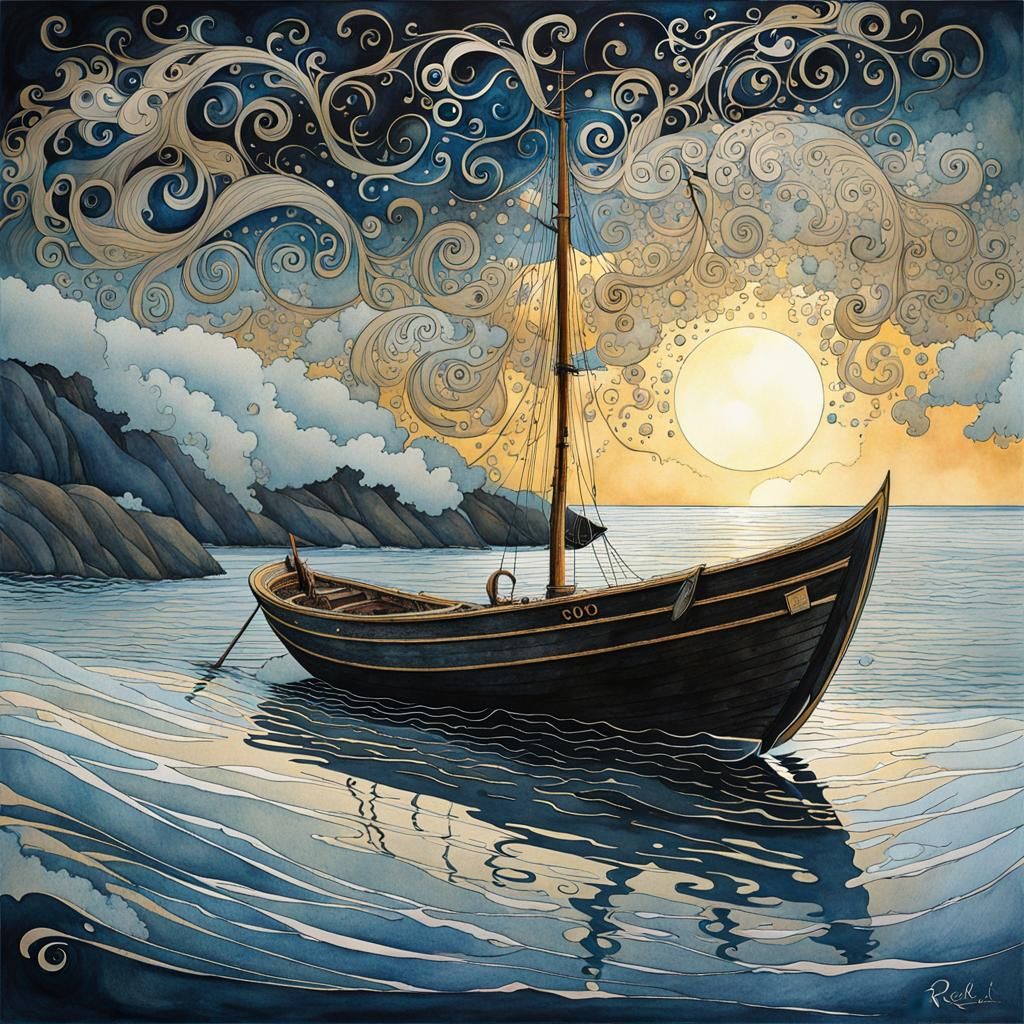 Dreamy Seascape Boat Watercolor Ink Art