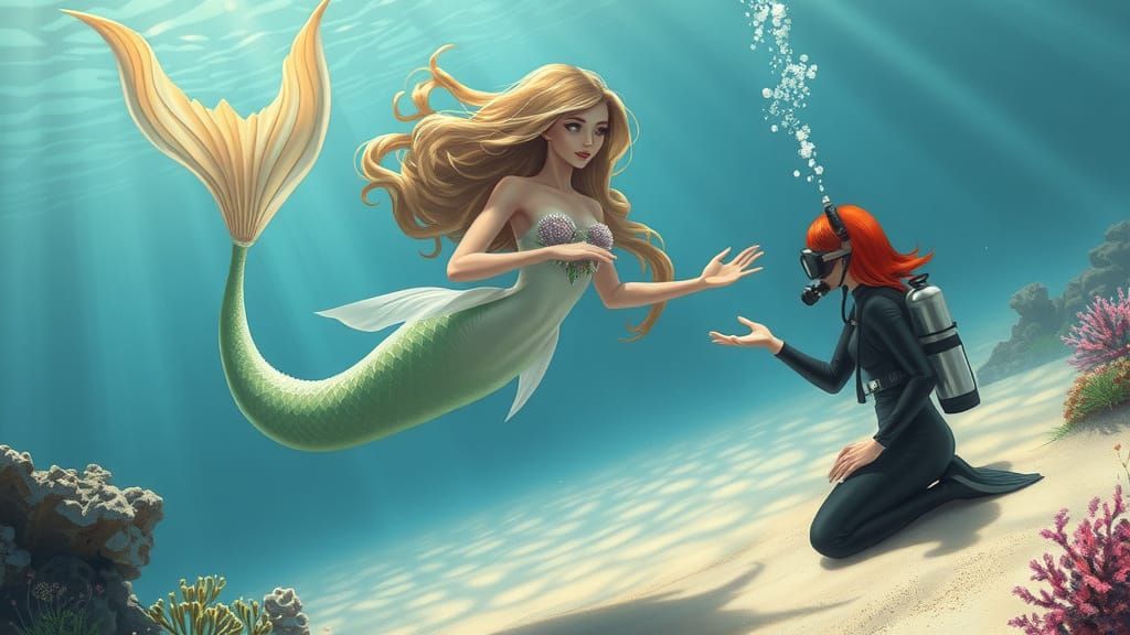 A mesmerizing underwater scene unfolds, showcasing a dynamic interaction between a mythical mermaid and a human diver. T...