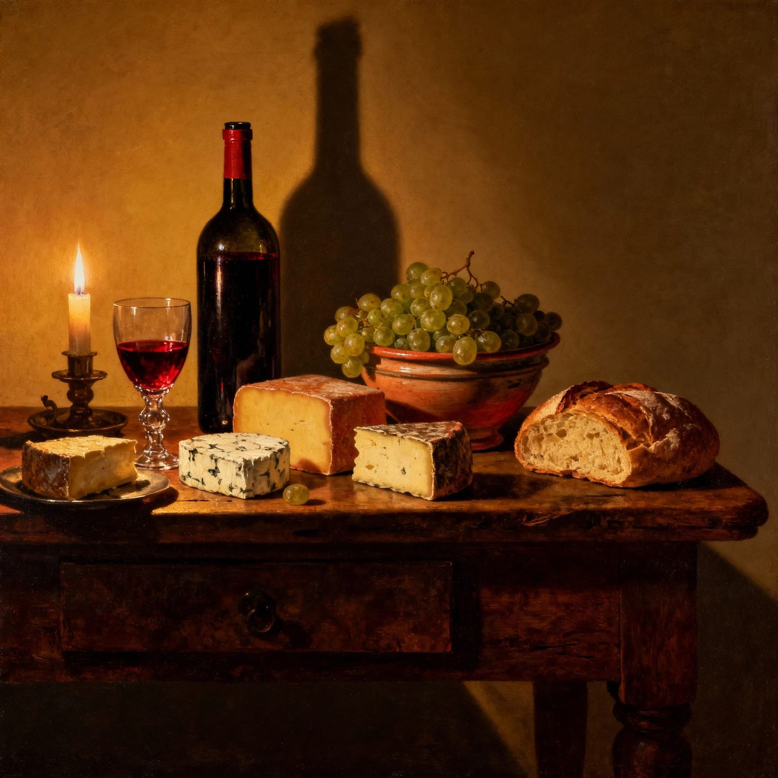 Rustic Table Setting with Wine and Cheese in Oil Painting St...