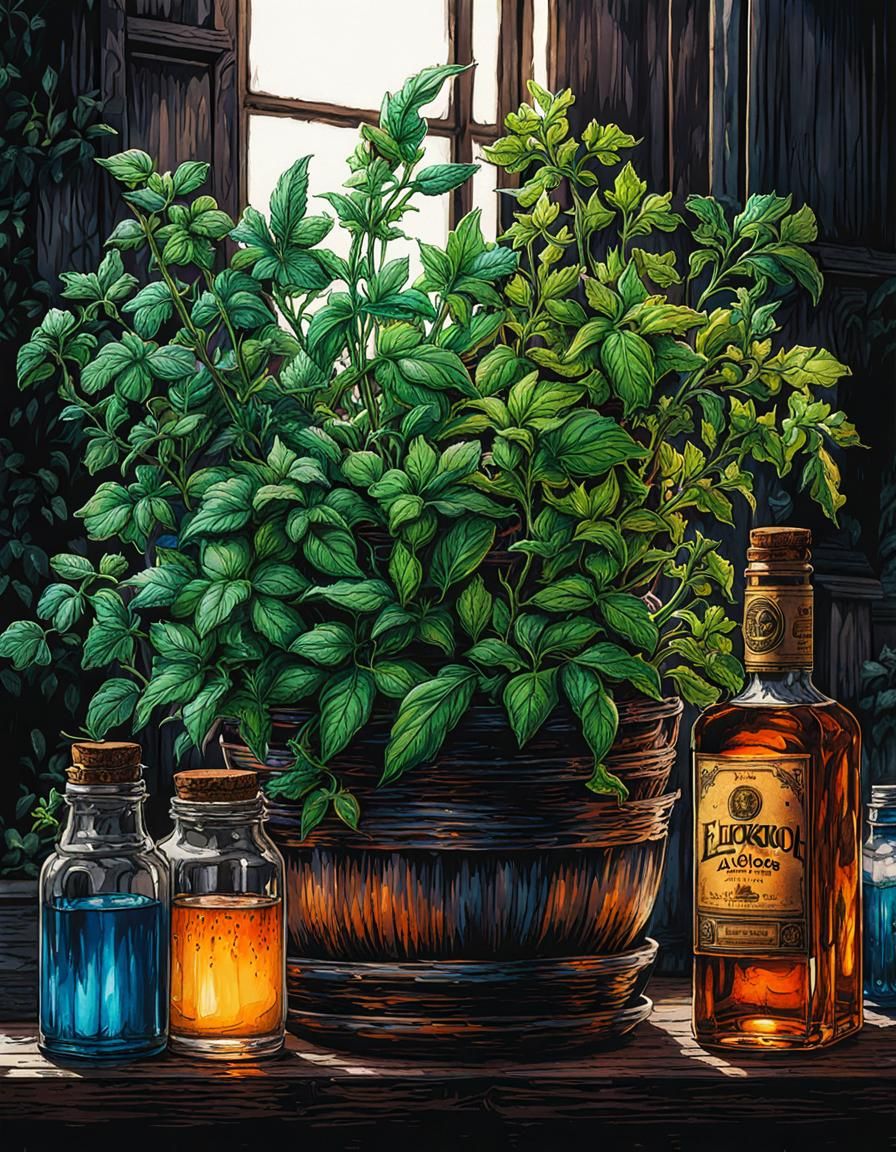 Detailed Alcohol Ink Drawing of Herbs