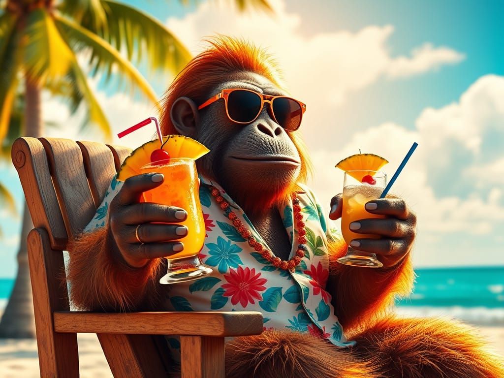 Surreal Orangutan Sips Cocktail in Tropical Paradise