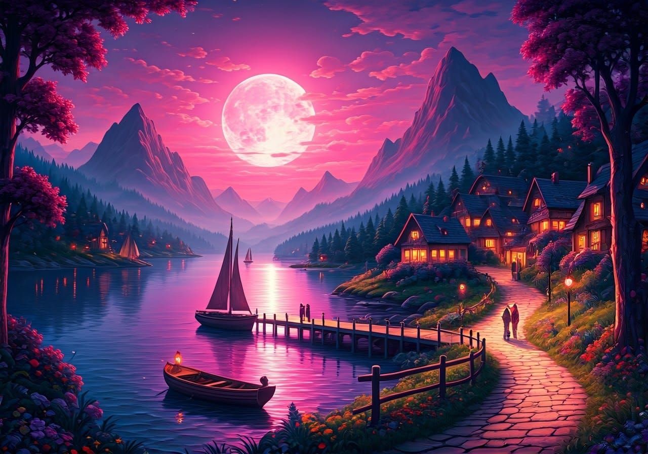 Magenta Moonlit Lake: A Romantic Oil Painting