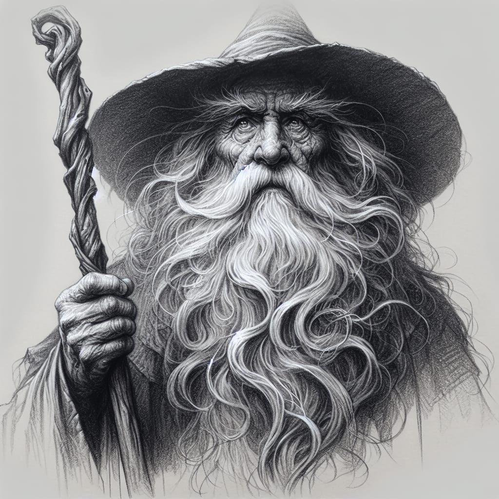 Detailed Pencil Sketch of Elderly Fantasy Wizard