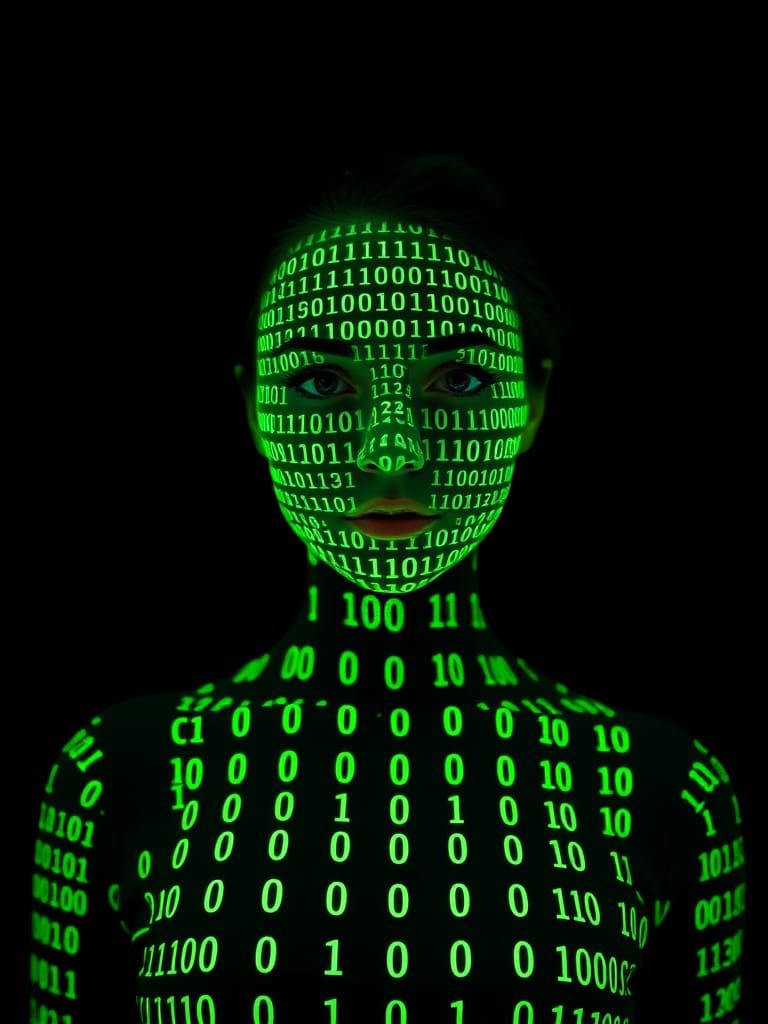 Woman Shrouded in Lime Green Binary Code in a Dark Room