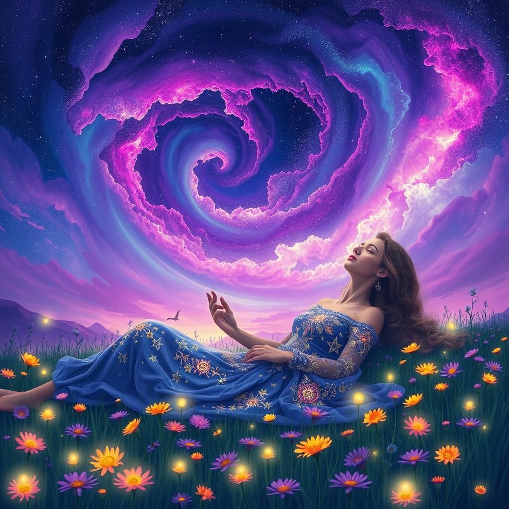 Celestial Woman Gazing at Astral Nebulas in Cosmic Style