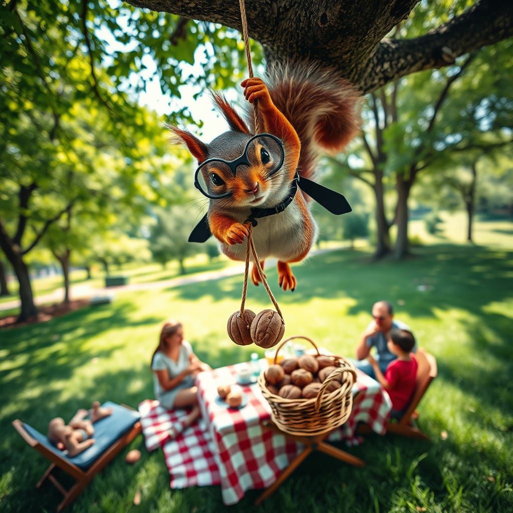 Ninja Squirrel Heist Above Picnic in Park
