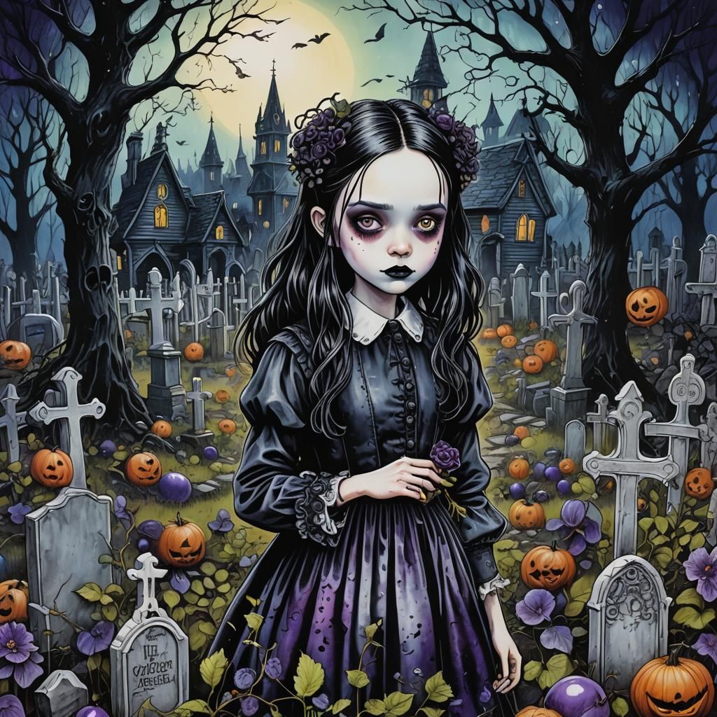 Wednesday Addams in Graveyard, Metallic Alcohol Ink Art