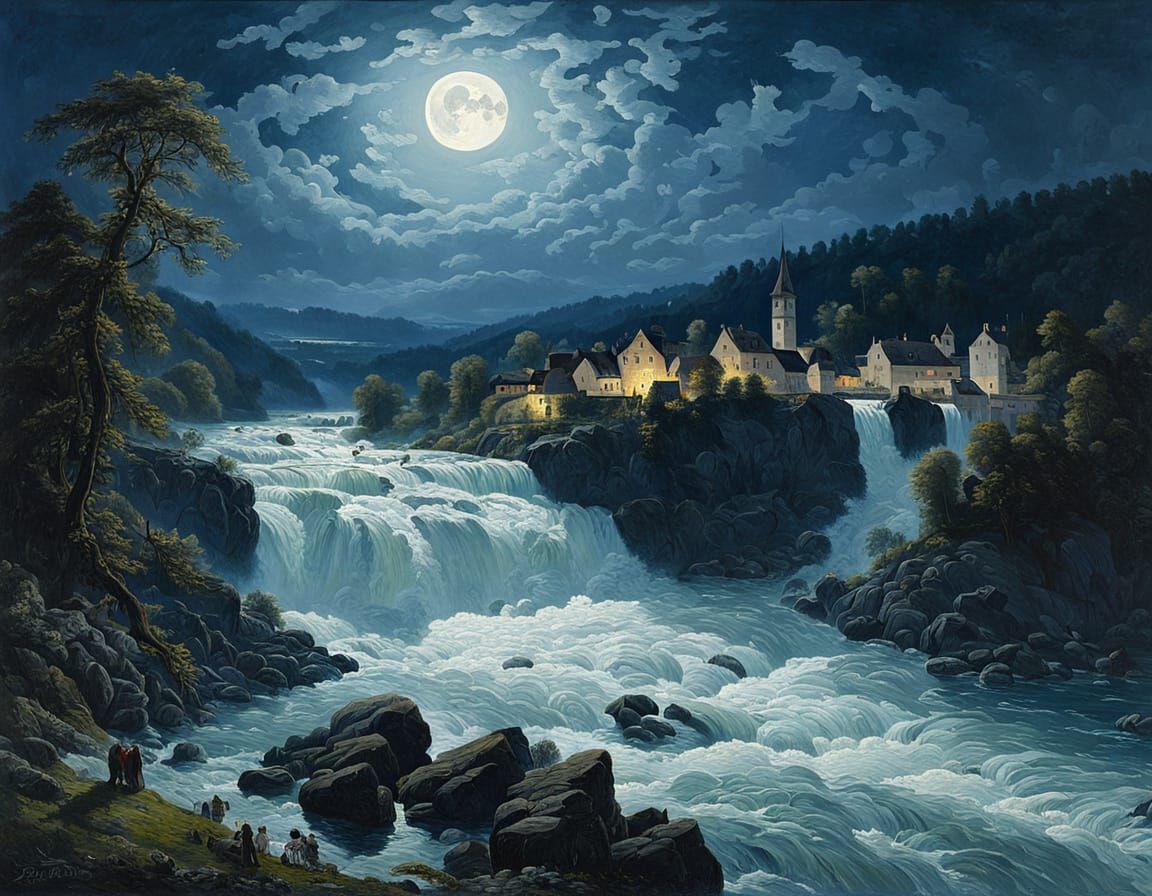 Romantic Moonlit Rhine Falls in Schaffhausen's Twilight