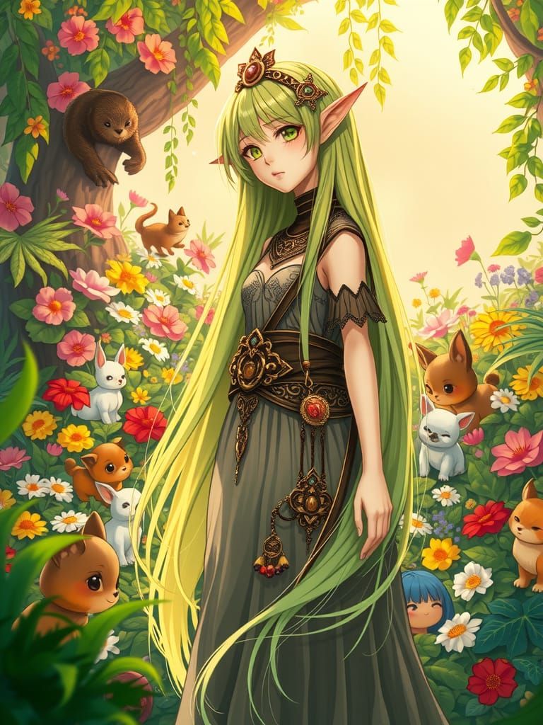 Anime Elf Druid in Ethereal Garden