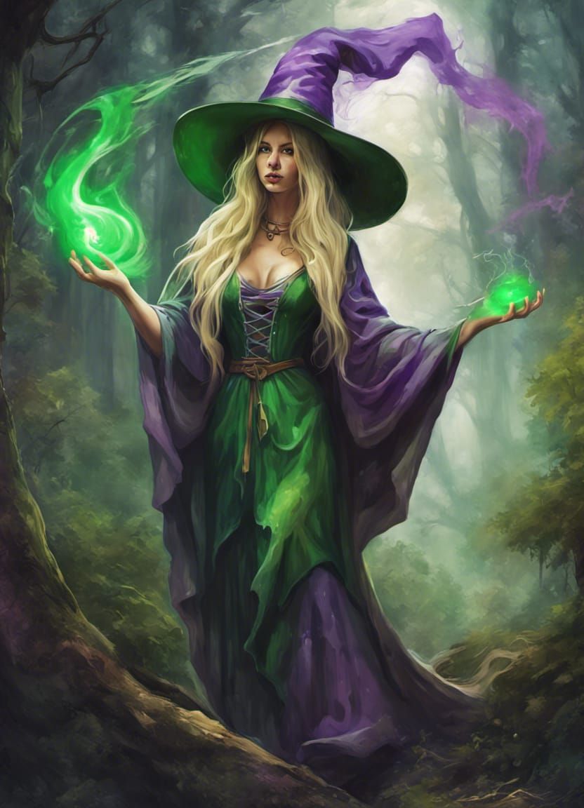 Blond Sorceress Casting a Spell in the Woods