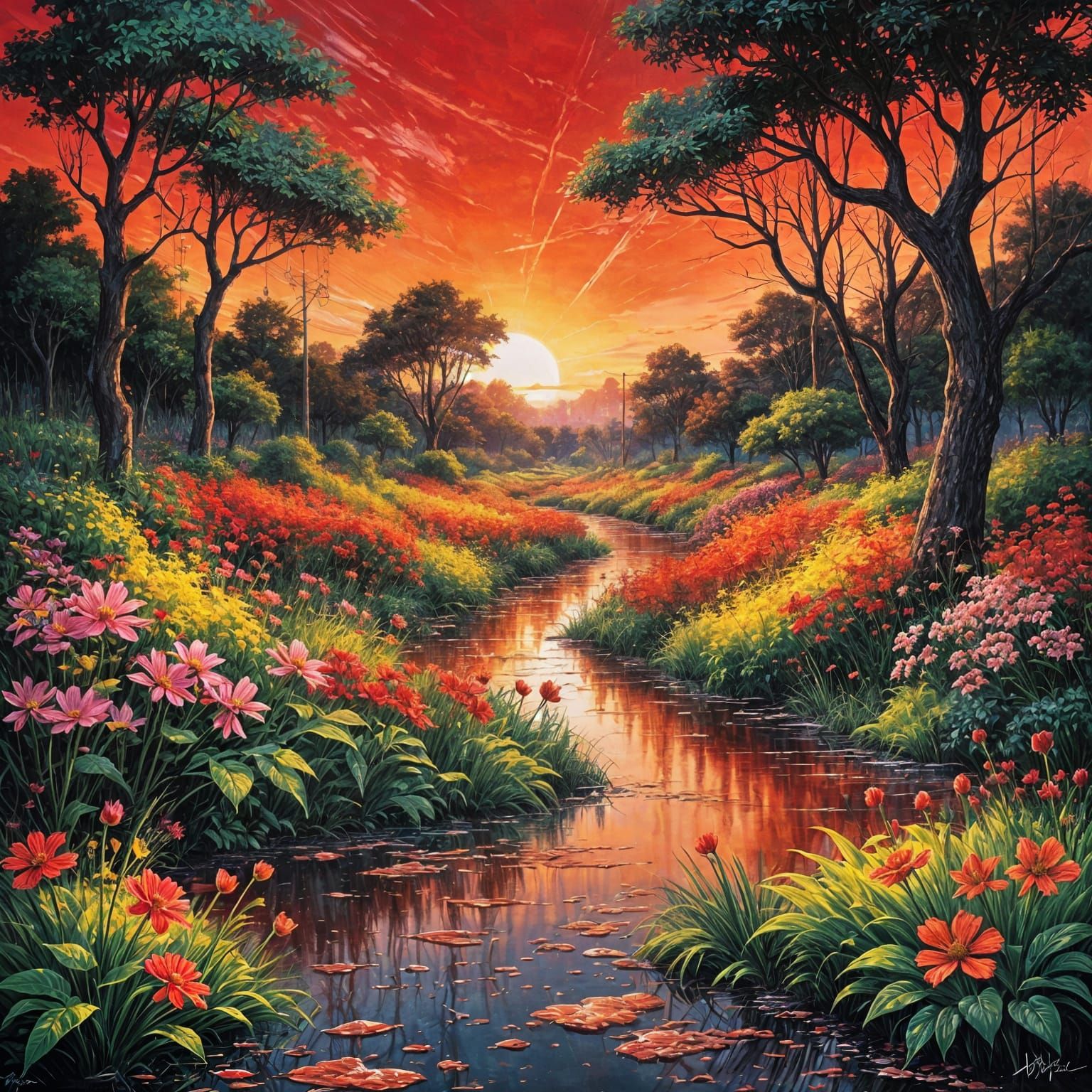 Intense Sunset Landscape in Graffiti Art Style