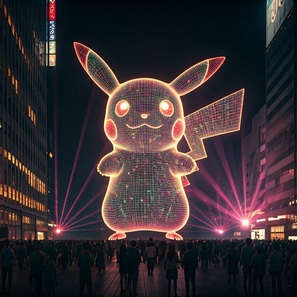 Glowing Holographic Pikachu in Tokyo's Neon-Lit Shinjuku Squ...