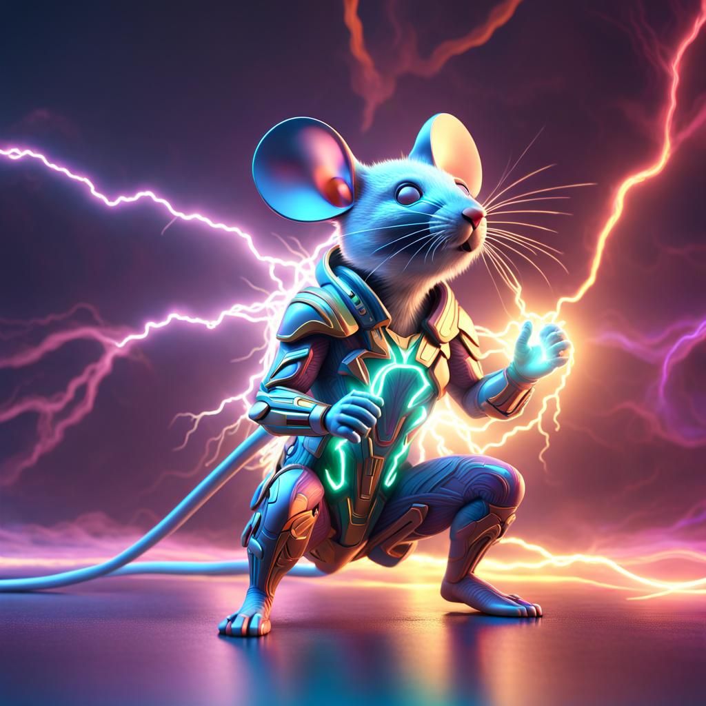 Psychedelic Lightning Mouse Superhero Landing, 3D Render