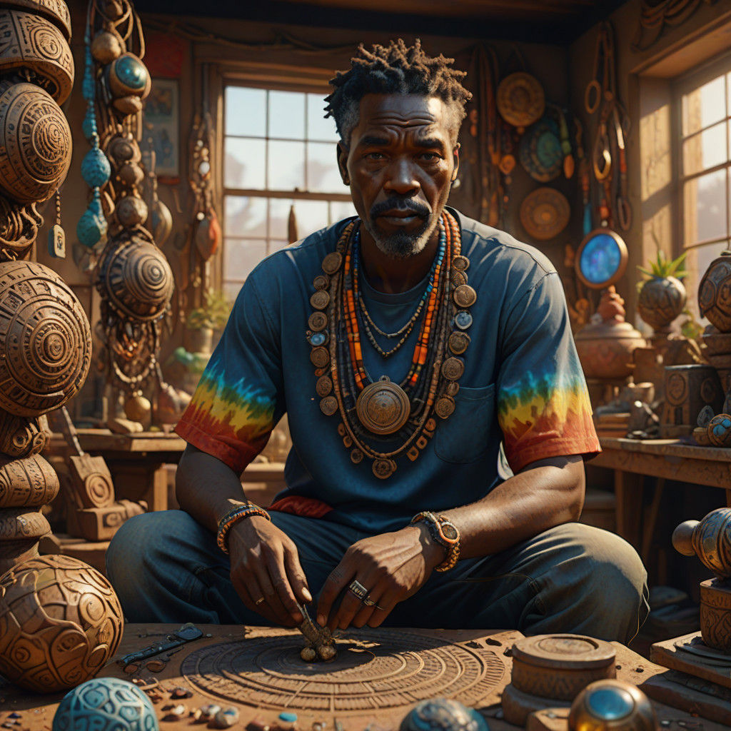 Artist in Cluttered Studio, Working on Fantastical Sculpture