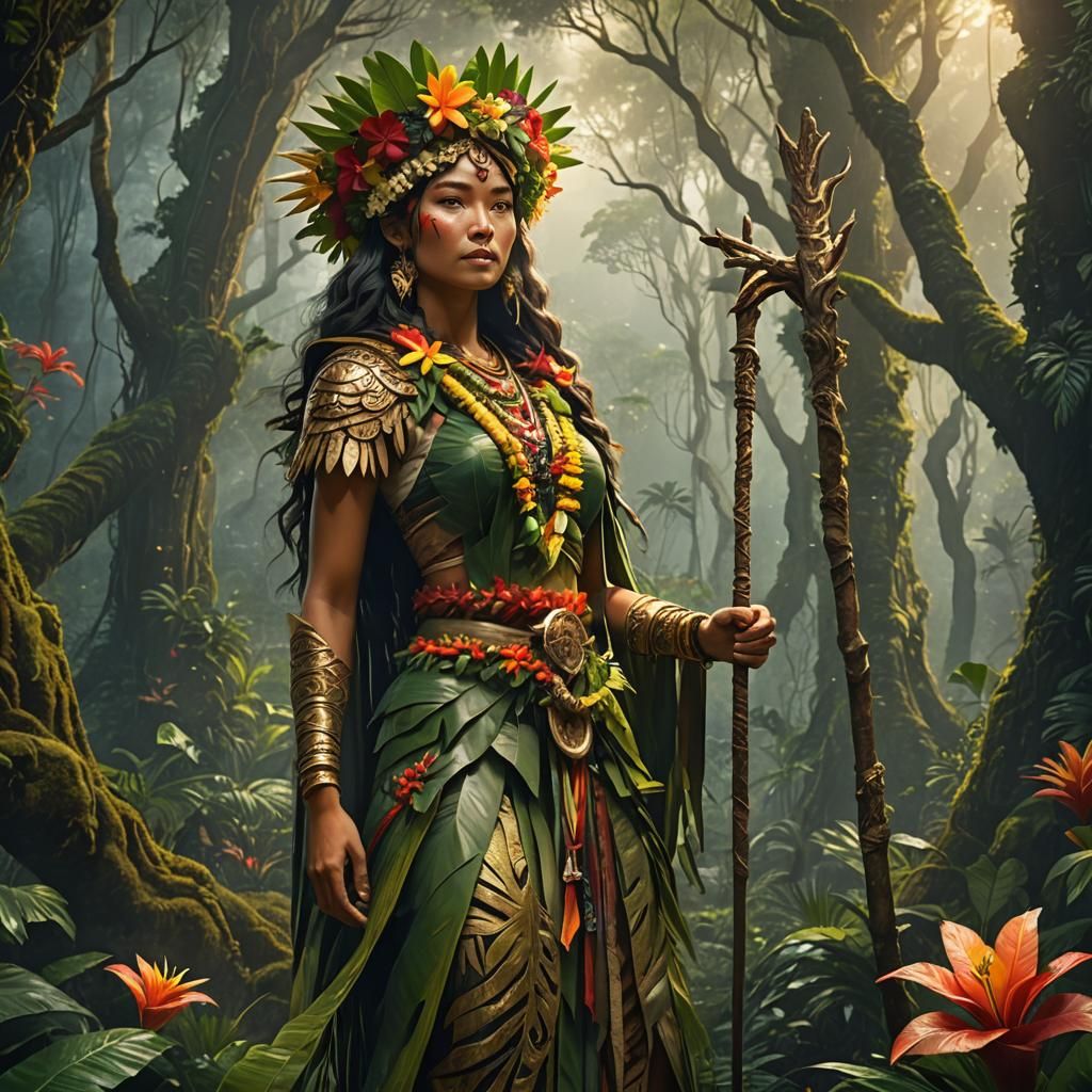 Hawaiian Woman with Magical Staff in Rainforest