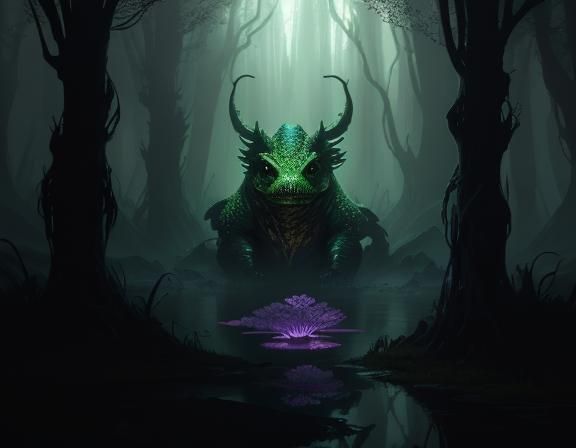 Menacing Bullywug in Murky Swamp, Dark Fantasy Art