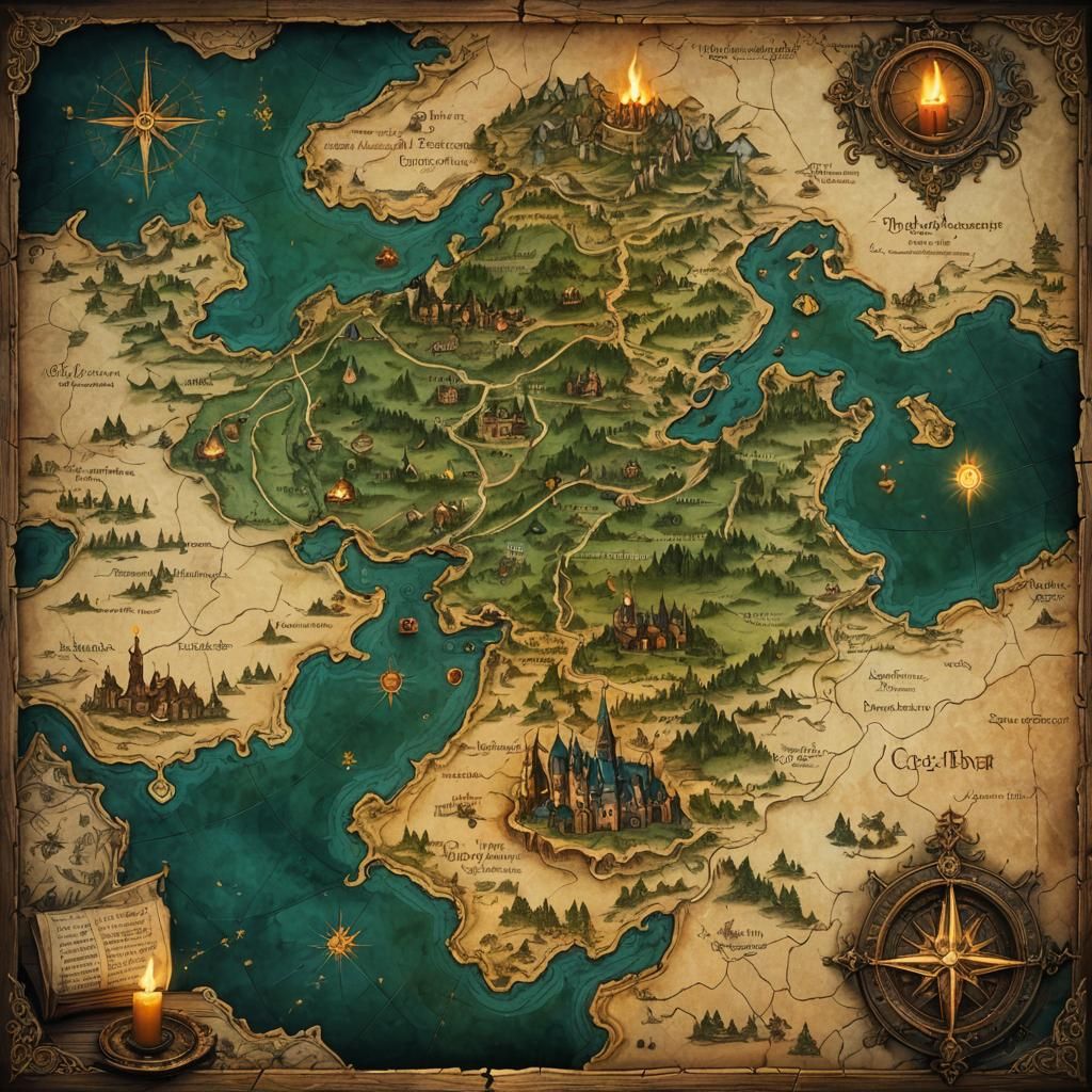 Intricate Medieval Map with Candlelight in Fantasy Style