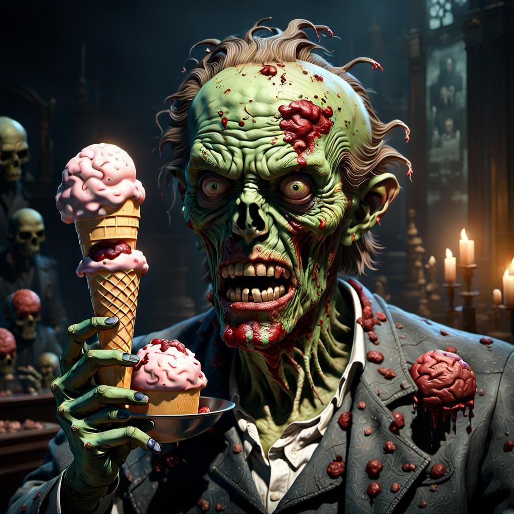 Zombie with Brain Ice Cream in Cinematic 3D Style
