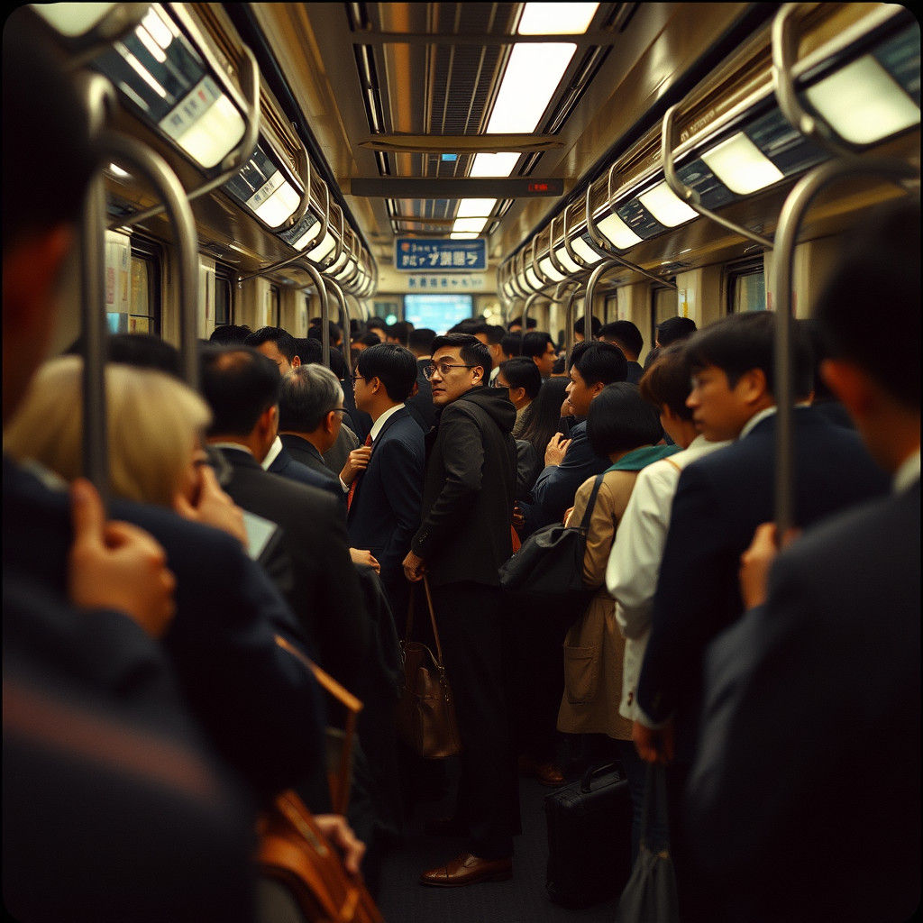Crowded Japanese Train: Cinematic Film Still
