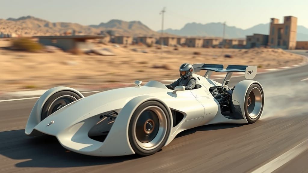 Futuristic Formula 1 Car in Apocalyptic Landscape