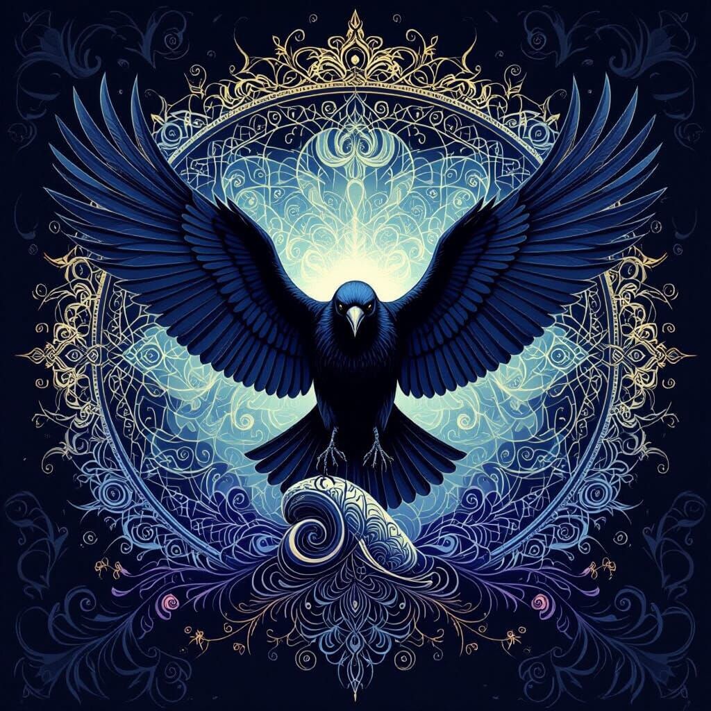 Raven Circles Above Prey in Abstract Fractal Art