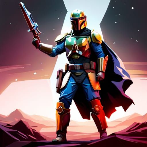 Mandalorian Warrior in Rocky Desert: Impasto Action Painting