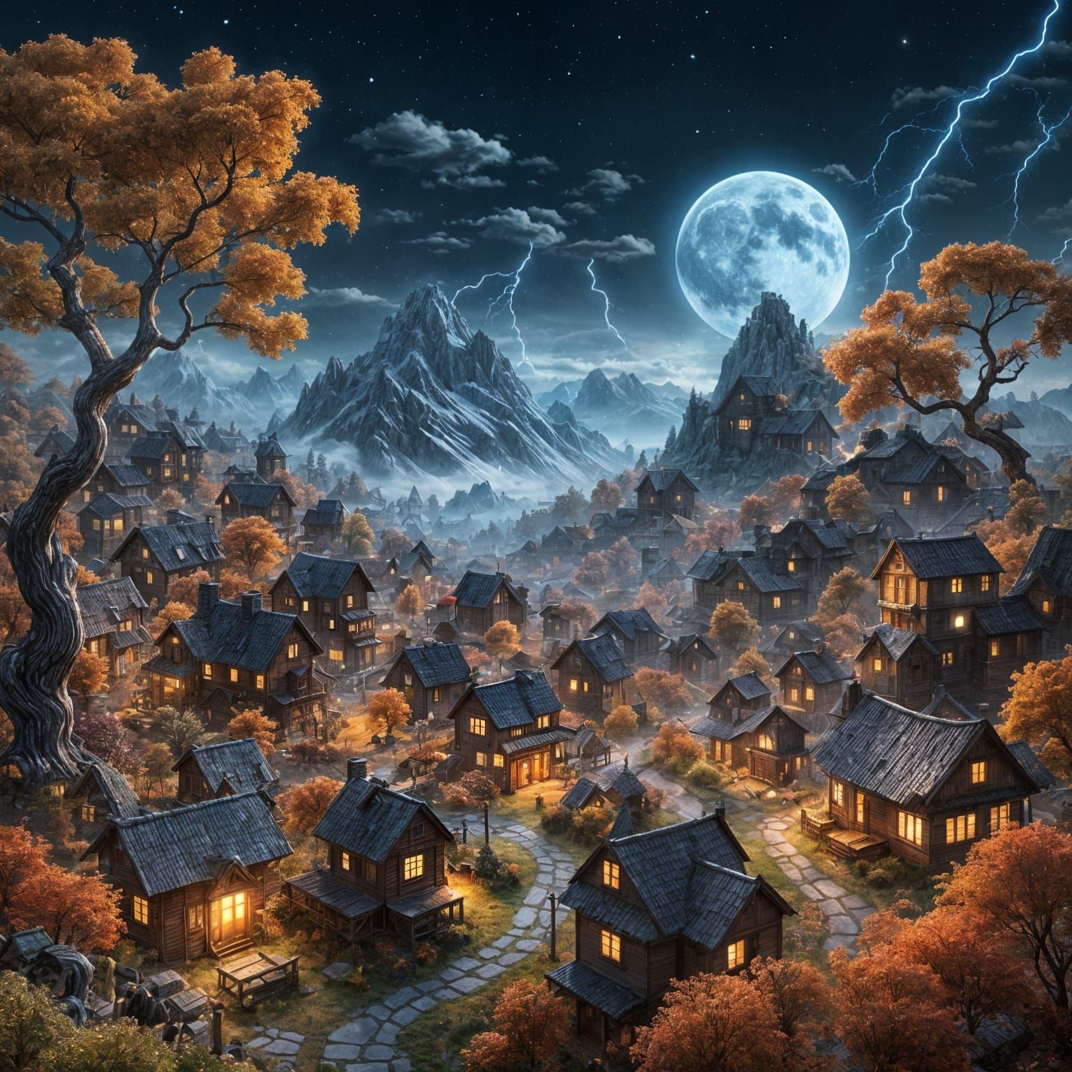 Fiberpunk Village in Lush Valley at Twilight